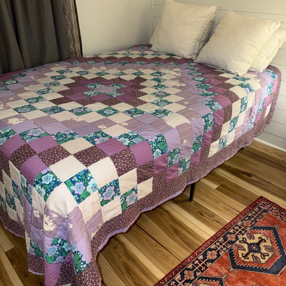 Cottagecore Handmade Quilt with Purple, Lilac, Teal and Blue Accents. 85x100
